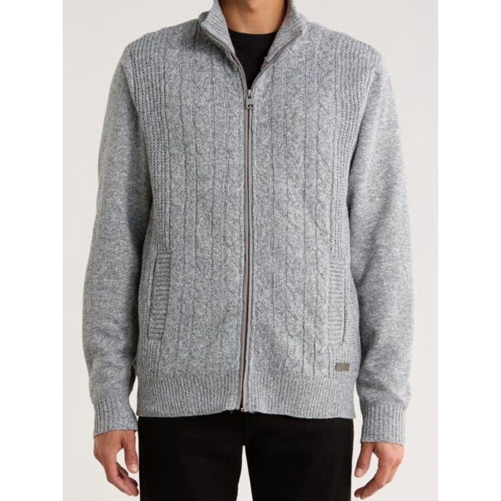 Buffalo David Bitton Walkley Cable Knit Sweater Faux Fur Lined Gray Zip NWT L